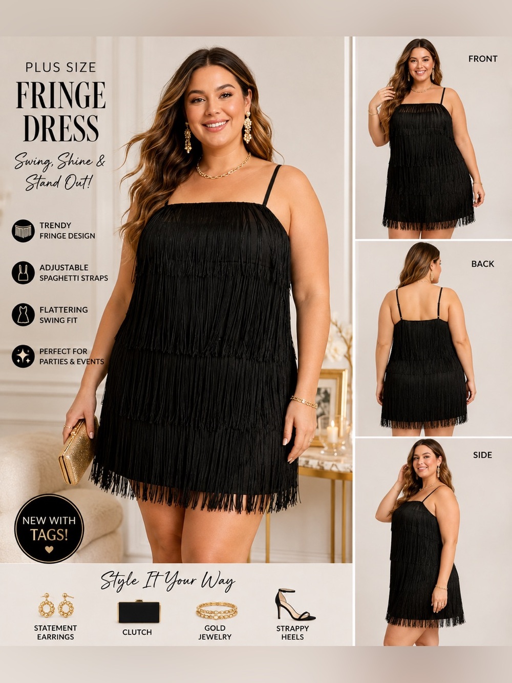 A New Day Women’s 2X Black Tiered Fringe Mini Dress Party Cocktail NWT